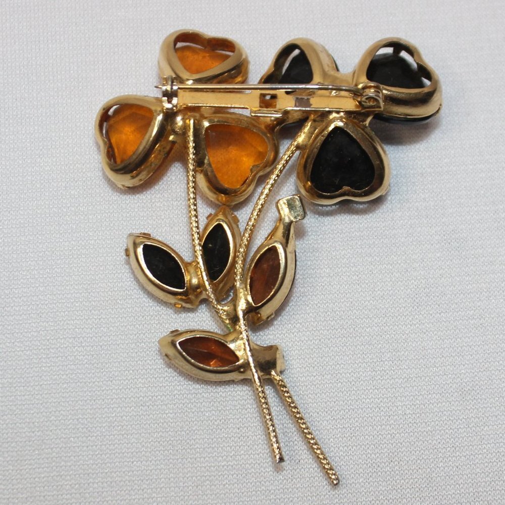 Vintage Amber Crystal and Black Galss Heart Shaped Flowers and Leaves Brooch - Picture 3 of 7
